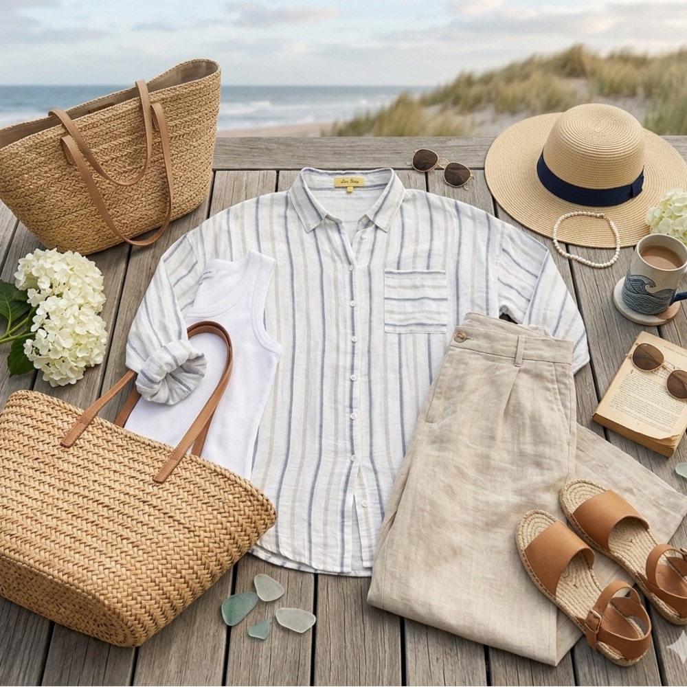 Love Notes Neutral Striped Button-Down Shirt - Lo… - image 7